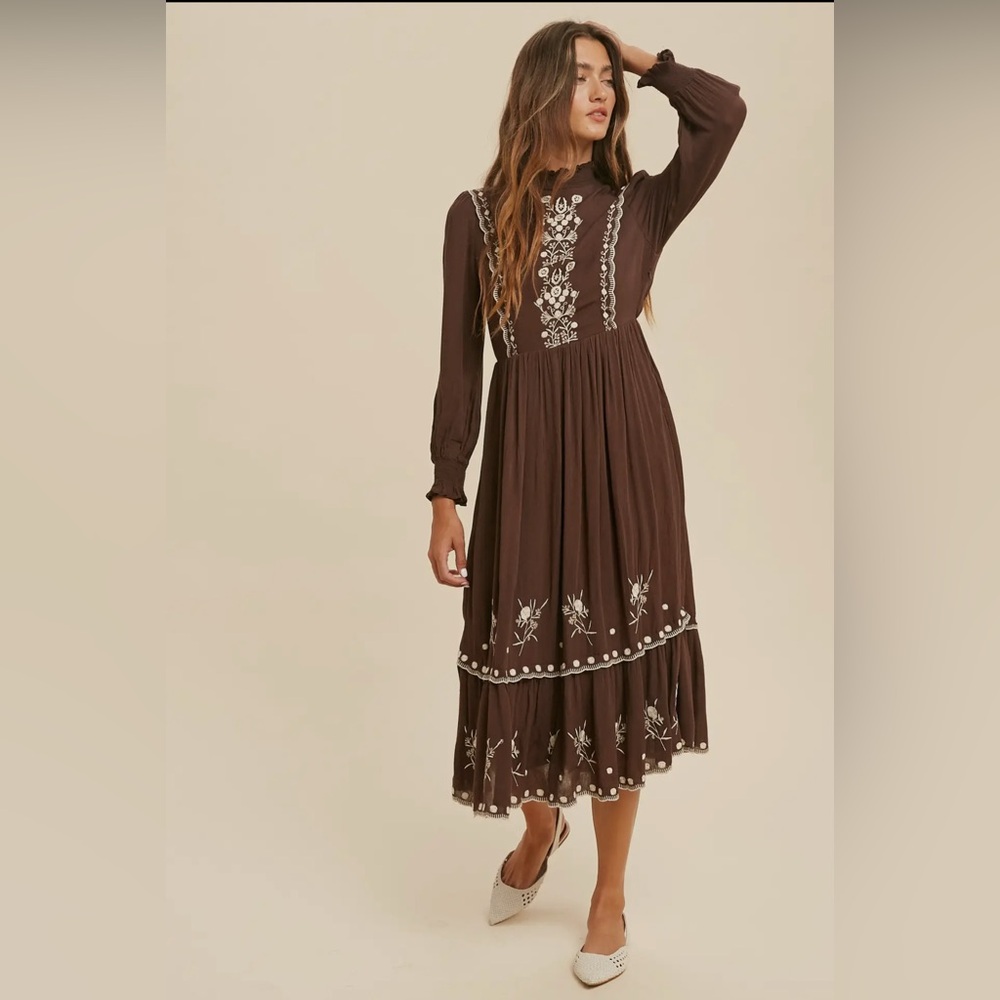 Smocked Neck Embroidered Midi Dress